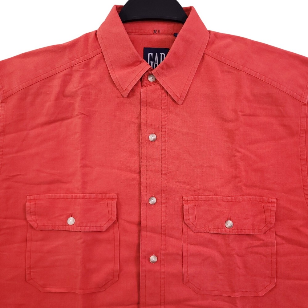 Vtg GAP Linen Shirt Men S Red Short Sleeve Button Up Flap Pocket 90s Oversized